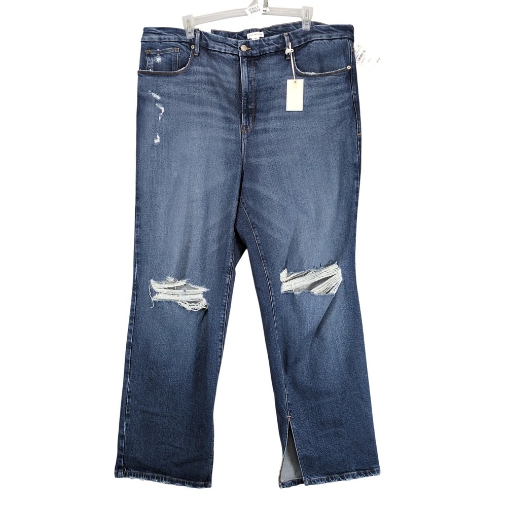 NWT Good American Good Boy Inseam Slit Jeans Womens 24W 46x32 Distressed Stretch